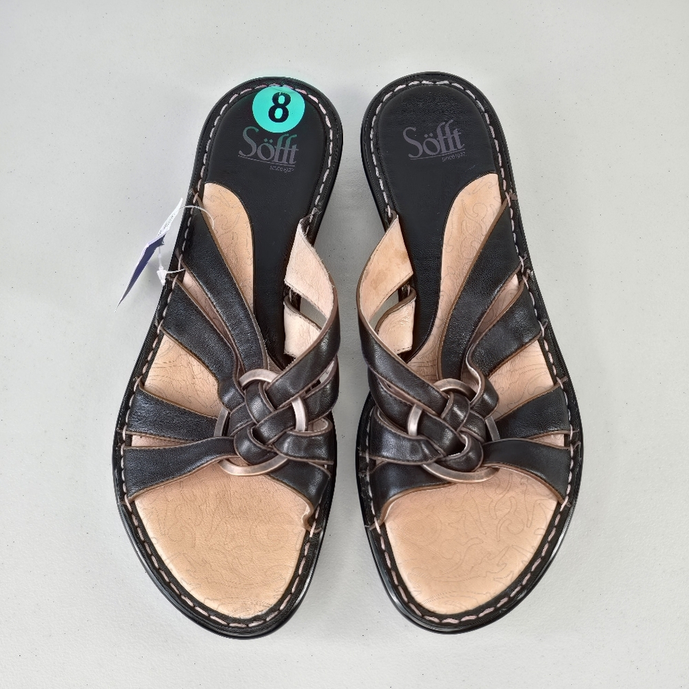 Sofft Black Strappy Leather Slide Sandals with Copper Ring Size 8 NWT